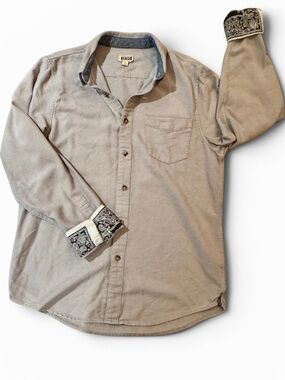 1901 Men's Light Gray Cotton Flannel Button-Down Shirt with Patterned Cuffs, M